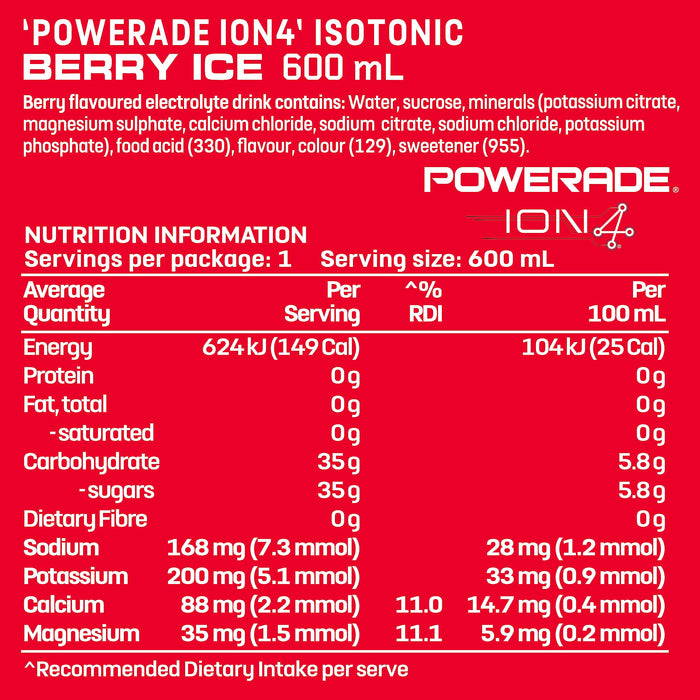 Powerade ION4 Berry Ice Sports Drink Multipack Sipper Cap Bottles 12 x 600mL