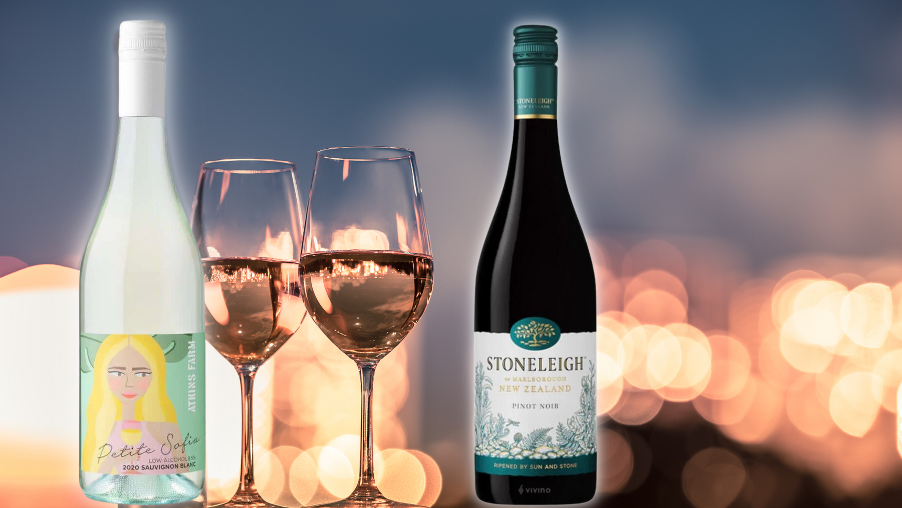 A bottle of Stoneleigh and two wine glasses